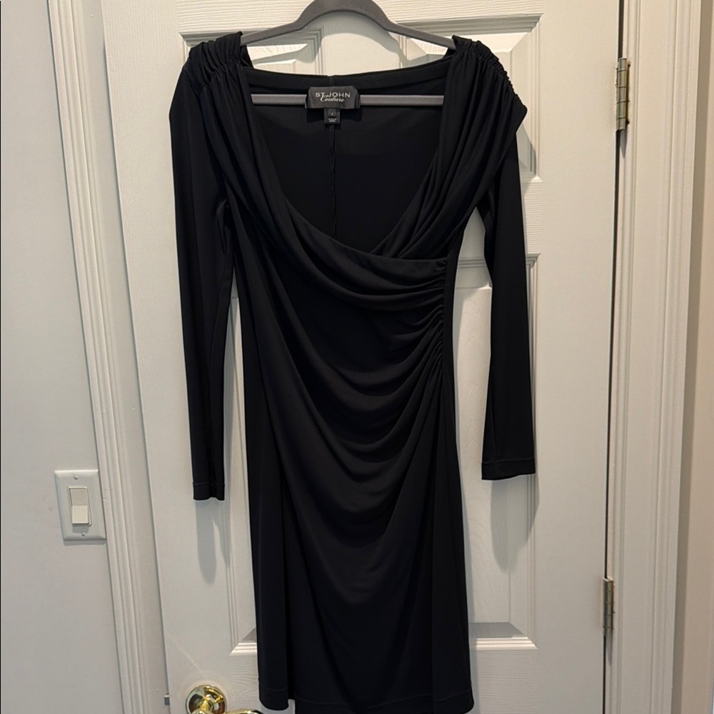 St. John Couture Black Draped Long-Sleeve Jersey Dress. Sz 4 exc cond